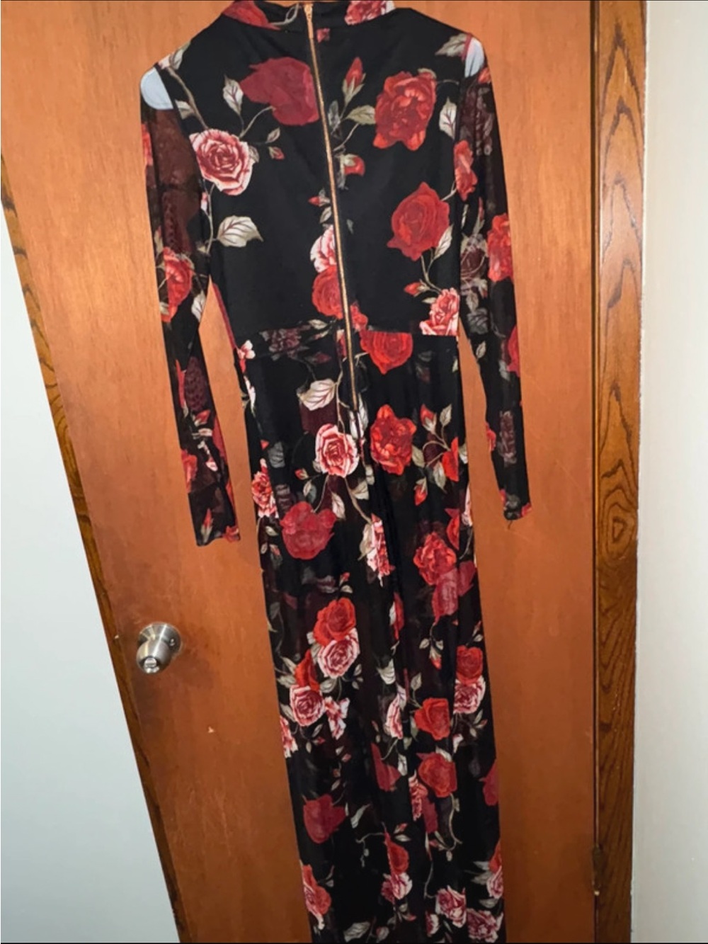 Charlotte Russe Black Long Sleeve Maxi Dress with Red Rose Print - Picture 3 of 6